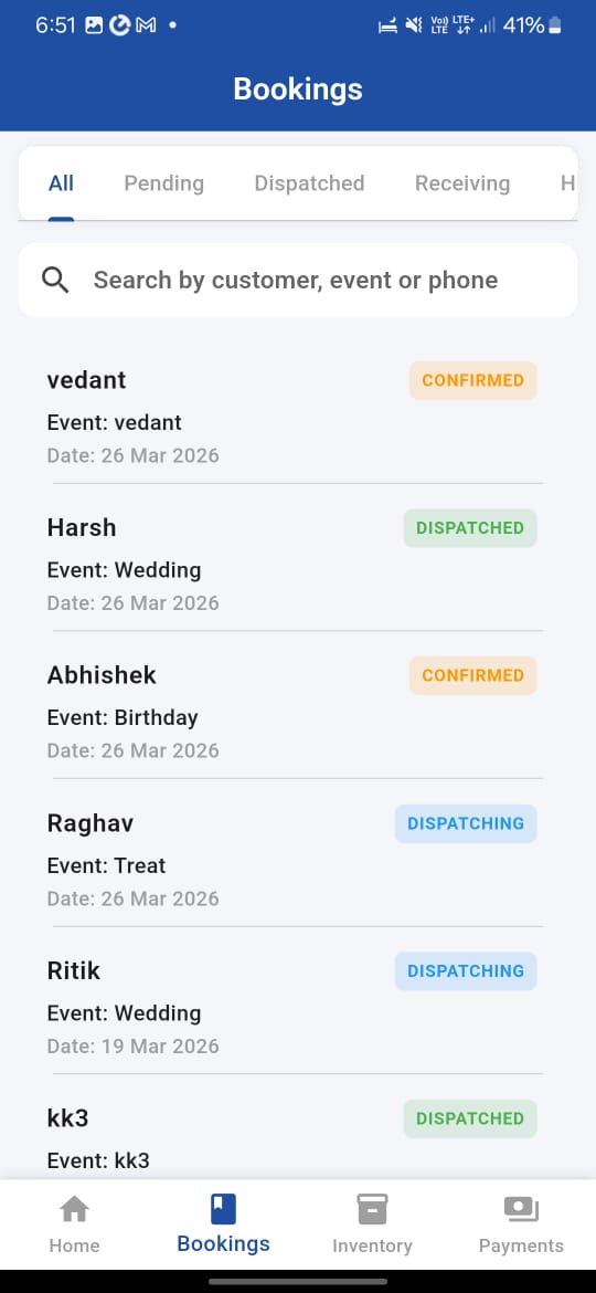 ManageMyTent mobile app showing booking management